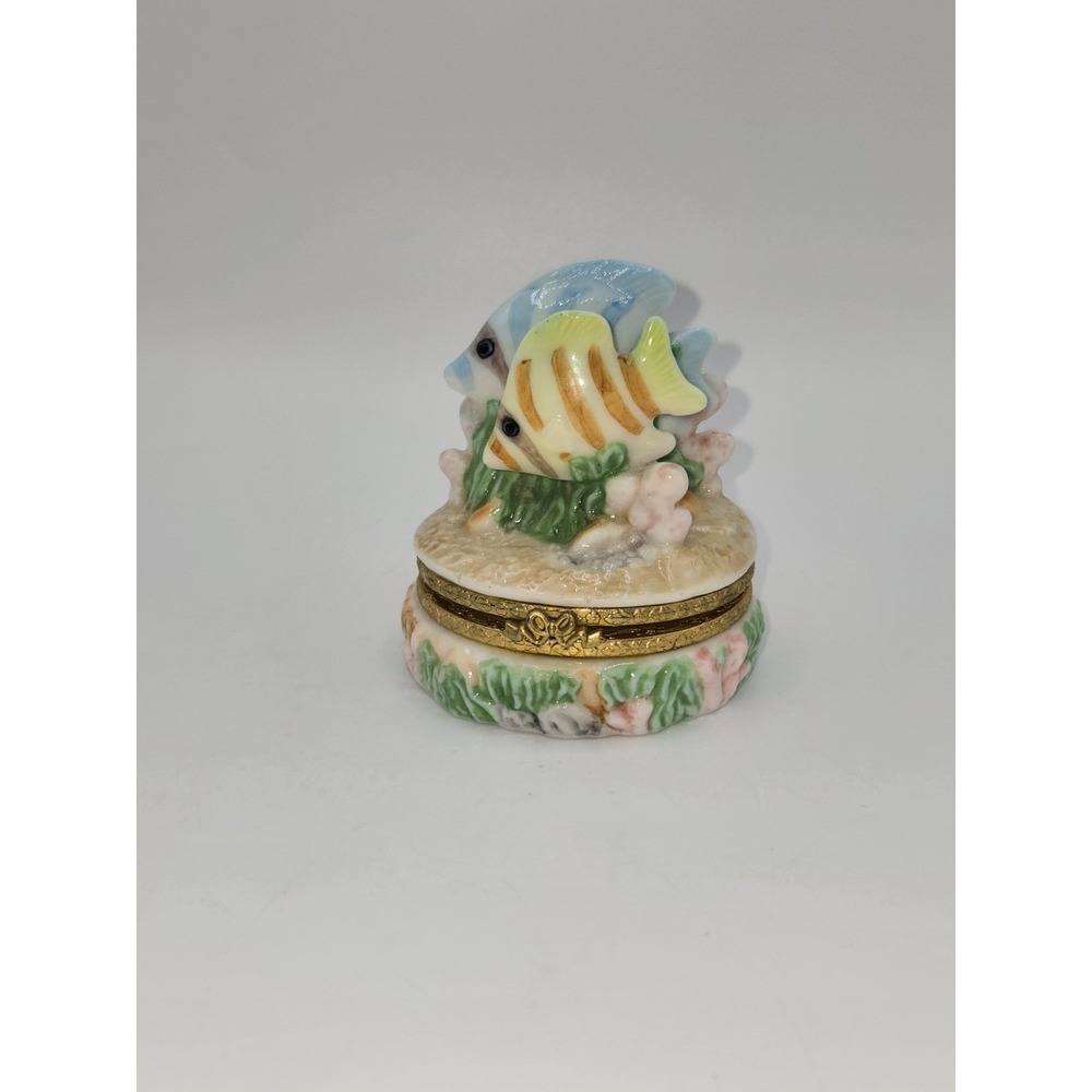 Vintage Genmore Tropical Fish Trinket Box Porcelain Hinged Keepsake Ring Box